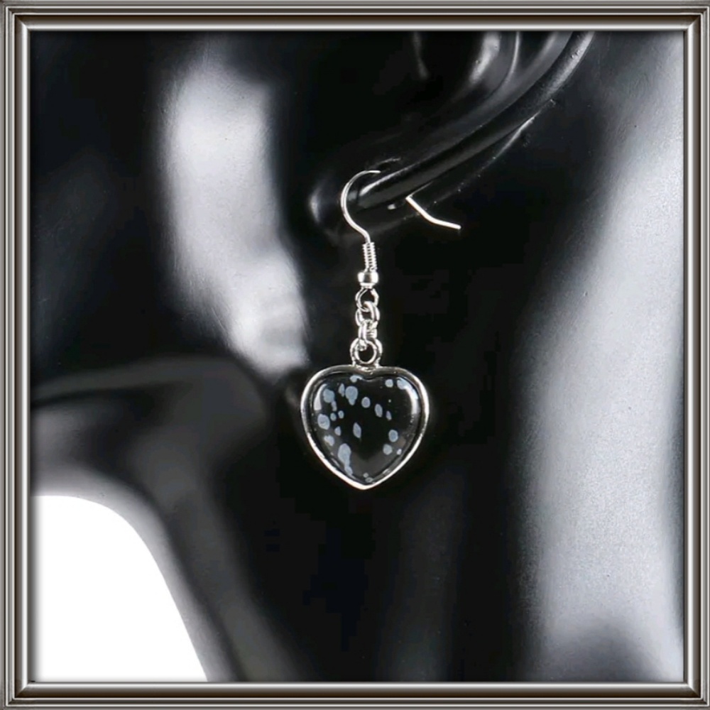 Natural stone Snowflake Obsidian heart earrings.